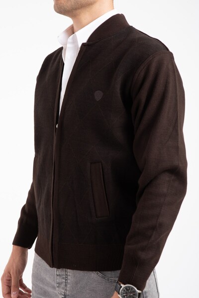 Mutlu City Men's Middle Age and Above Knitwear Knitted Acrylic Zippered Winter Dad Cardigan 2068-brown Color