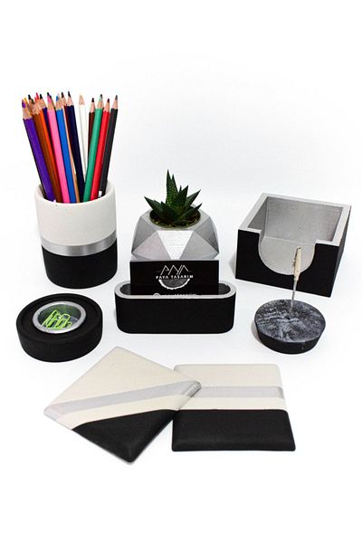 PAYATASARIM Concrete Office Set Pen Holder Flowerpot Note Holder Cup Holder Memo Pad Holder Paper Clip Holder Business Card Holder Cactus