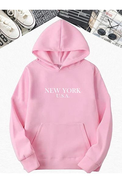 BENROMA PINK New York USA - Φούτερ με στάμπα με κουκούλα oversize