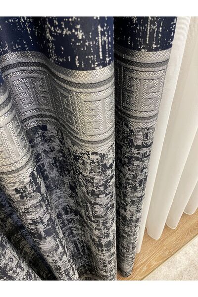 Brillant Lacivert Gri Renk Bordürlü Desen 1/3 Sık Pile Jakar Dokuma Fon Perde
