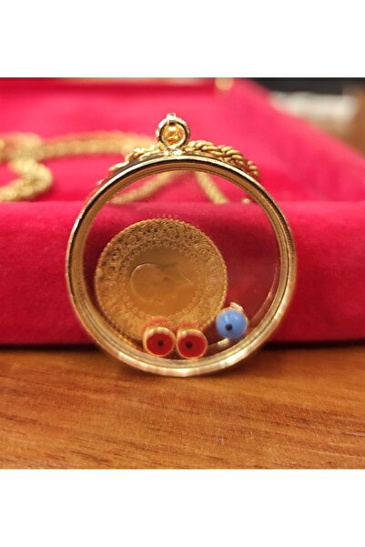 dost altın 22 Ayar Çeyrek Altınlı Cam Güzeli Şeffaf Çerçeveli Çelik Kolye