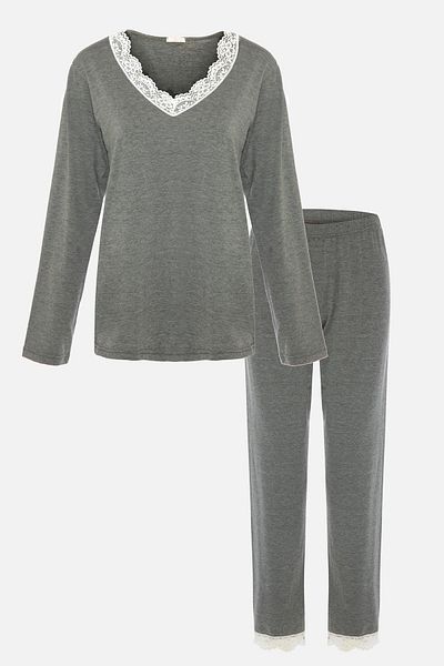koza iç giyim Women's Lace V-Neck Long Sleeve Pajama Set