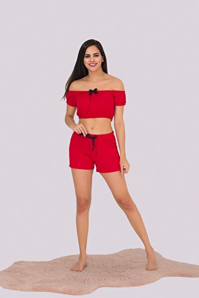 MyBen Red Strapless Women's Pajama Set with Detailed Shorts 378
