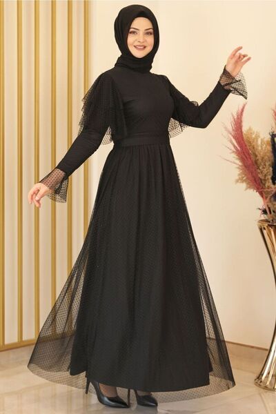 Fashion Showcase فستان سهرة تول منقط أسود - تصميم - Fsc2117