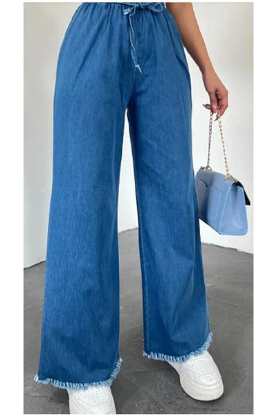 DENİKK 1101 Pantaloni din țesătură gabardină cu ciucuri cu talie elastică / picior dantelat
