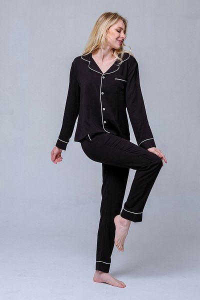 duvencasual Set de pijamale de damă din bumbac Lycra cu mânecă lungă, cu nasturi în față 2261s