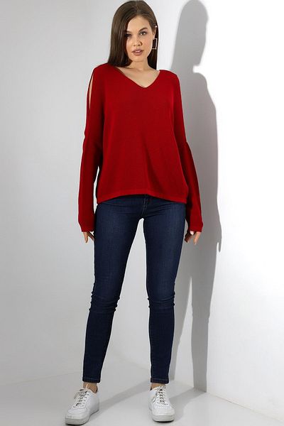 Devinka Women's Red Sleeve Detailed Oversize V-Neck Knitwear Blouse