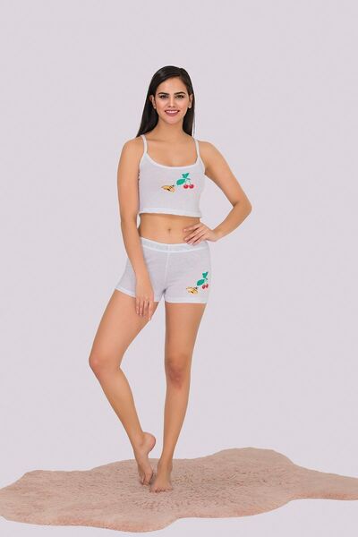 MyBen Жіночий білий комплект піжами з шортами з принтом вишні 389