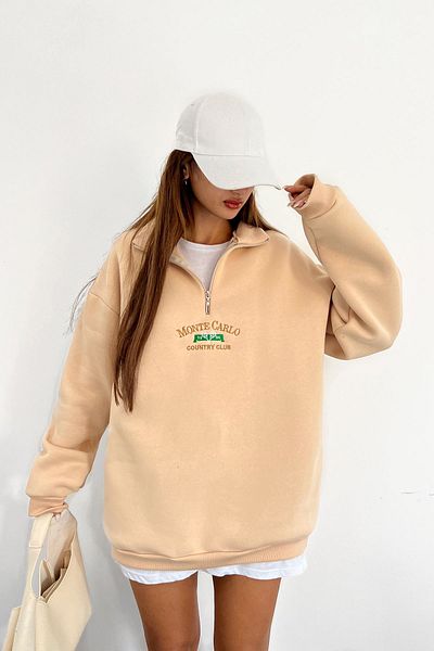 Sun Victoria Unisex Κρεμ γιακάς Oversize 3 νήματα χτενισμένο βαμβακερό ράστερ κεντημένο φούτερ