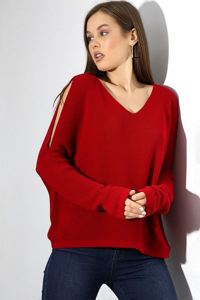 Devinka Women's Red Sleeve Detailed Oversize V-Neck Knitwear Blouse