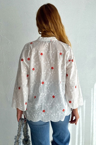 FEMELLE White Floral Embroidered Women's Embroidery Cotton Blouse