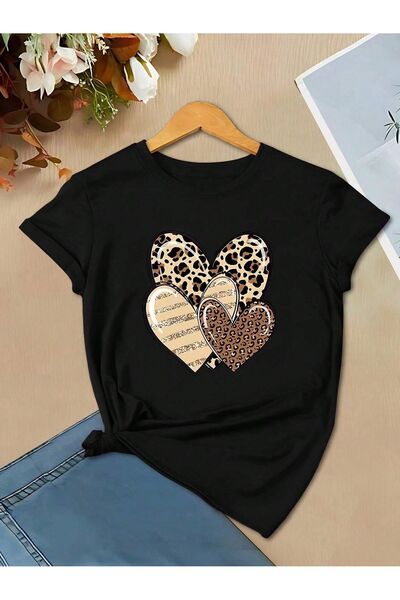 MODAVİBE Дамска тениска с леопардов принт и 3 сърца - Modavibe