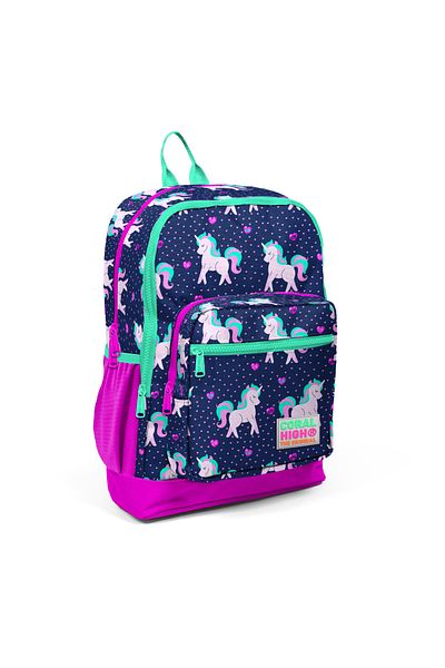 Coral Kids Navy Blue and Pink Unicorn Patterned Four Compartment School Backpack 23467