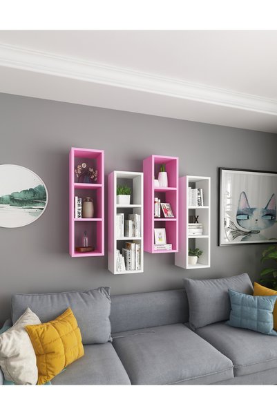 Dekormer Design Duvar Rafı Kitaplık Ofis Beyaz Pembe 4 Lü Karışık Takım