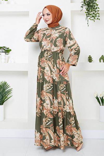 ModaMerve KHaki Patterned Viscose Dress - 2351BGS895-M