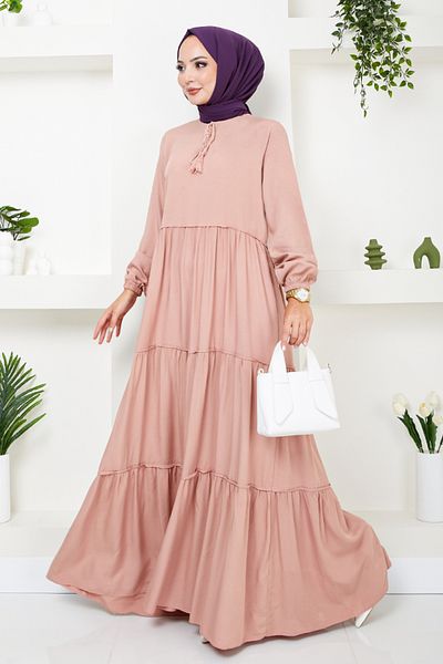 ModaMerve Powder Color Flounce Hijab Dress - 2352BGS895-M
