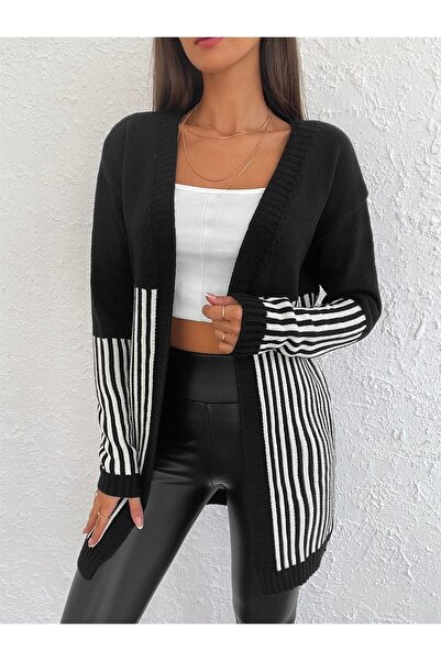 citystyle Cardigan negru cu texturi flexibile cu dungi verticale, tricotat si...