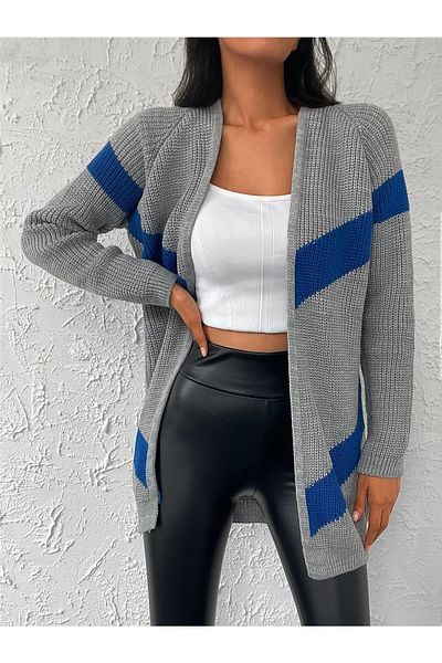 TRQOM Gray Saks Colorful Stripe Detailed Knitwear Cardigan