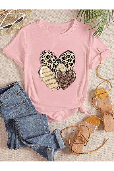 MODAVİBE Дамска тениска с леопардов принт - 3 сърца, Moda Vivibe