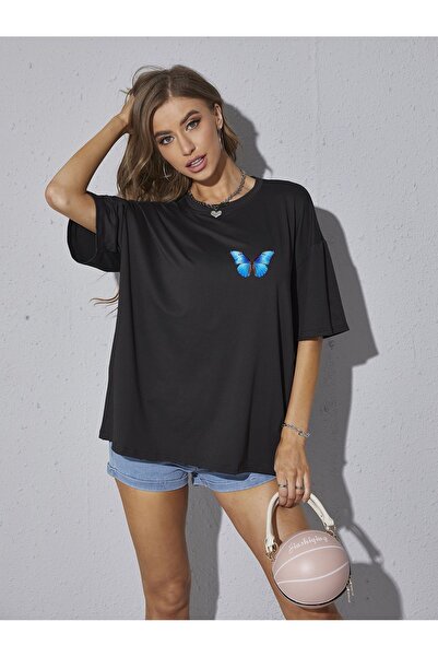 MODAVİBE Tricou cu imprimeu fluturi pentru femei Fashion Vibe