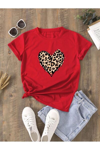 MODAVİBE Дамска тениска с леопардов принт и едно сърце - Moda Vibeh
