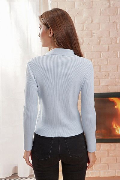 citystyle Cardigan cu guler polo pentru tricotaje pentru femei Baby Blue - Fermoar dublu care se deschide