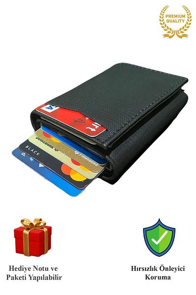 KAZIM ALIÇ Men's Vegan Leather - BlaCk Cash Compartment Slide MeChanism Wallet Card Holder