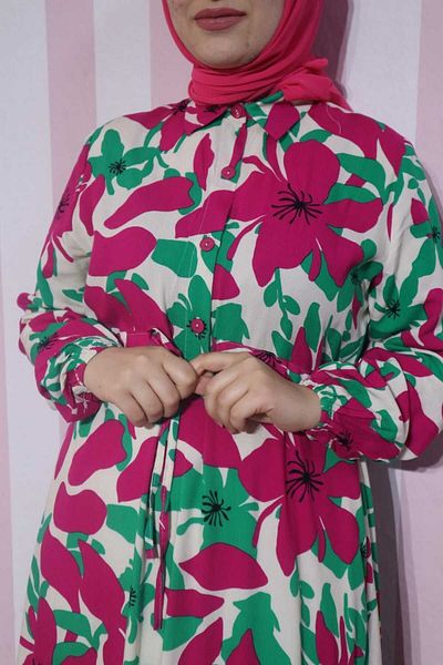 EGELİMODA Colorful Flower Patterned Viscose Hijab Dress
