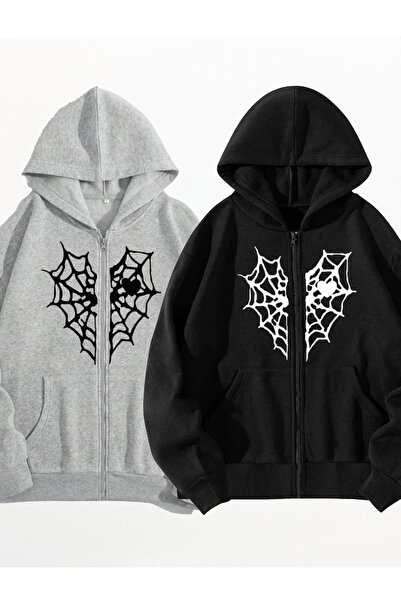 WNWGKN Crno-sivi pauk Štampano kardigan sa patentnim zatvaračem Oversize kroj...