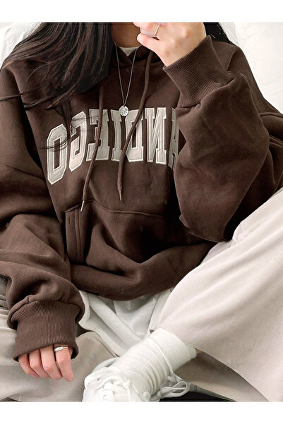 Benisengiydir Brown Oversize Hooded Sandiego Printed Women's Sweatshirt