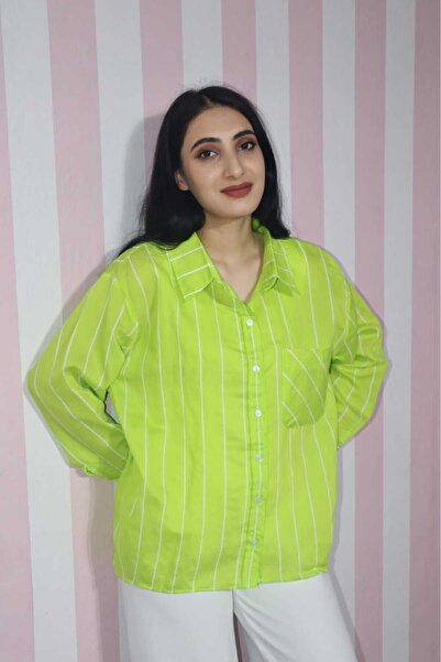 EGELİMODA Oversıze Tesettür Uzun Çizgili Yeşil Salaş Gömlek