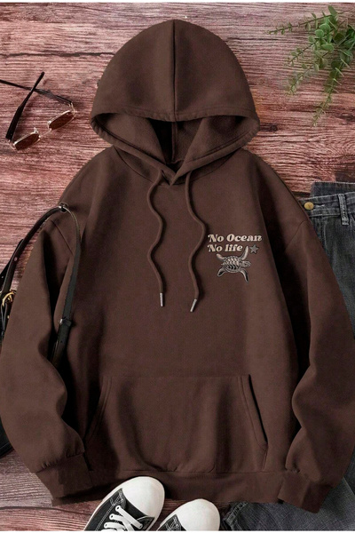 Benisengiydir Brown Oversize Hooded Sweatshirt - Protect The Oceans Printed
