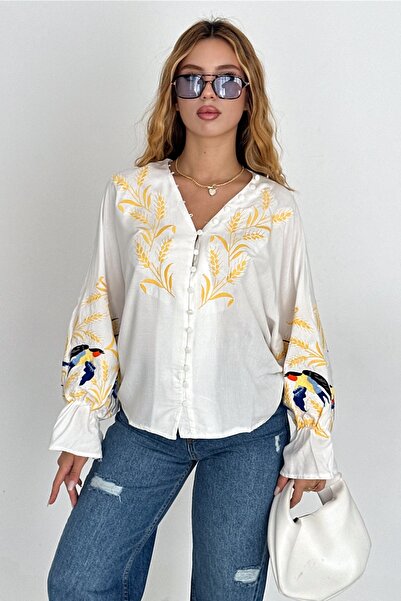 FEMELLE Λευκό EmbroiDereD Wide Fit - Γυναικεία βαμβακερή μπλούζα με λεπτομέρεια με κουμπί