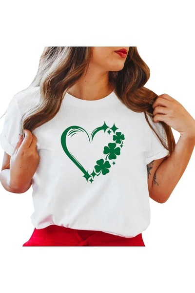 PALPİTO Women's White Clover Heart Printed Oversize T-Shirt
