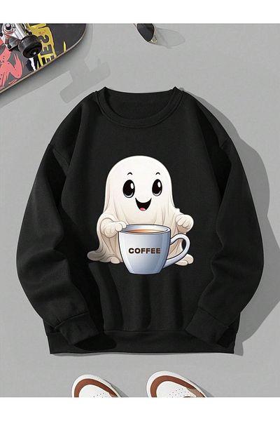 PALPİTO Black Ghost - Hanorac oversize pentru femei cu imprimeu cafea, decolteu