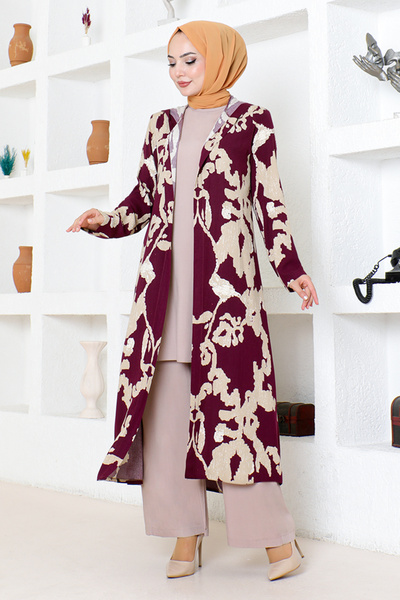 ModaMerve Viscose Patterned Triple Set - 0332BGS895 Plum Vision