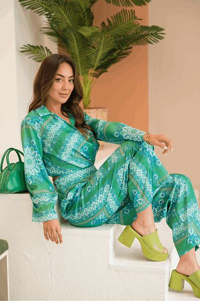 devesta Green Satin Patterned Crop Blouse and Trousers Set
