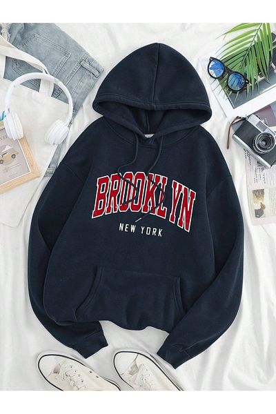 PALPİTO Унисекс суитшърт с качулка и щампа Brooklyn New York в тъмносин цвят - 3 прежди