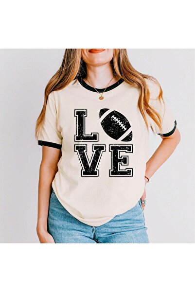 PALPİTO تي شيرت نسائي أبيض كبير الحجم مطبوع عليه "Love" - بأكمام مفصلة