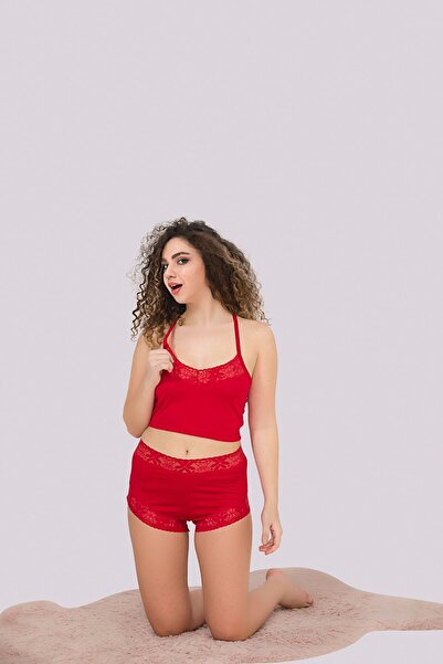 MyBen Red Colored Lace Detailed Women's Pajama Set with Strappy Shorts 345