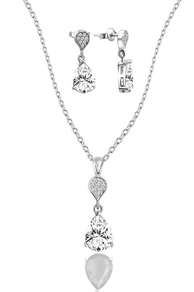 jelux silver Gümüş 925 Ayar Zirkon Taşlı Pırlanta Montür Damla İkili Set