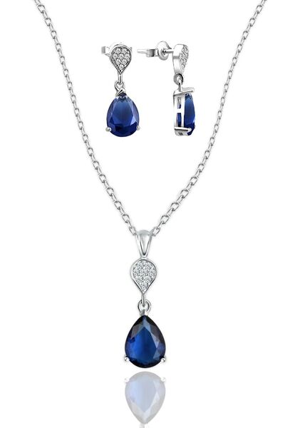 jelux silver Gümüş 925 Ayar Safir Zirkon Taşlı Pırlanta Montür Damla İkili Set