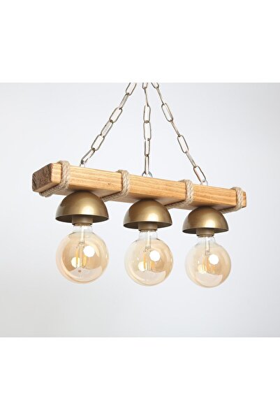 ABAJOUR Doğal Ahşap 3 lü Halatlı Rustik Tasarım Avize Gold
