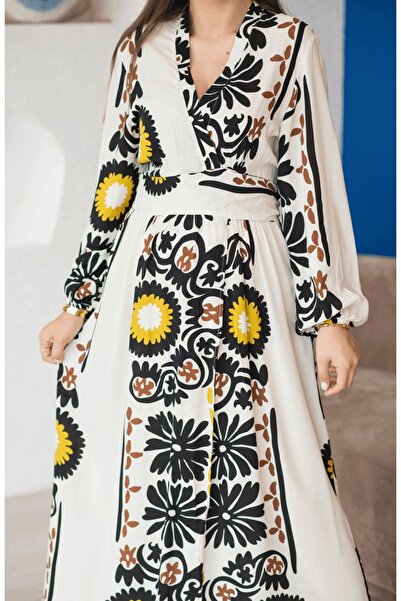 devesta Krem Etnik Desenli Kimono Elbise