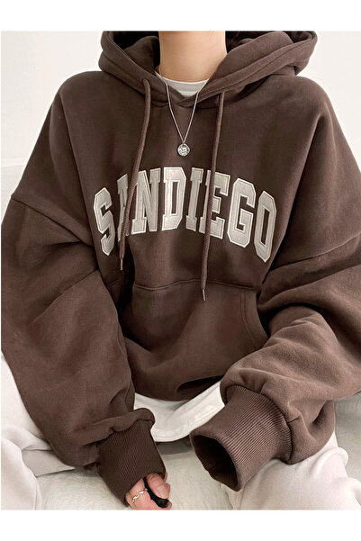 Benisengiydir Brown Oversize Hooded Sandiego Printed Women's Sweatshirt