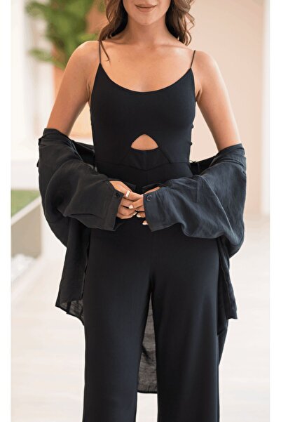 devesta Siyah Askılı Penye Tulum