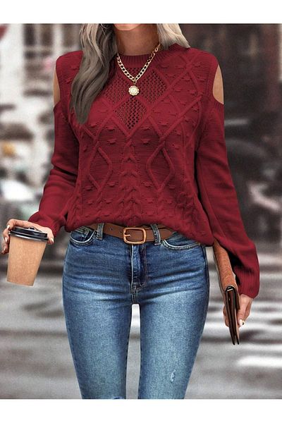 citystyle Pulover de tricotaj roșu Claret - Gâtul turn, detaliu din plasă și detaliu de umăr cu model de tricotat