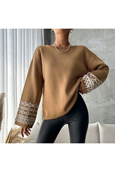 citystyle Πλεκτό πουλόβερ CAMEL Color Oversize Jacquard με σχέδιο Crew Neck