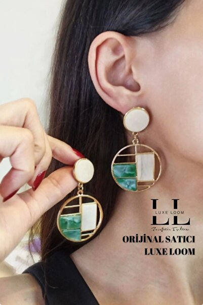 Luxe Loom Zarafetin Işıltısı Kadın Yeşil Sedef Desenli Geometrik Küpe