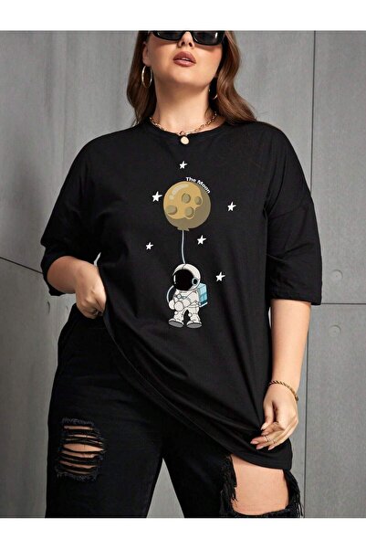 MODAVİBE Kadın Büyük Beden Kısa Kollu Ara Beden Uzay Baskılı Tshirt